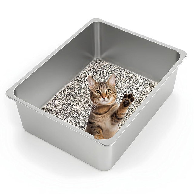 Kirecoo Stainless Steel Cat Litter Box XL- Metal High Sided Cat Pan, Large Stainless Steel Box, Indoor Litter Tray, Non Stick, No Smell, Easy to Clean, Pet Toilet Supplies for Kitten, Kitty, Rabbit