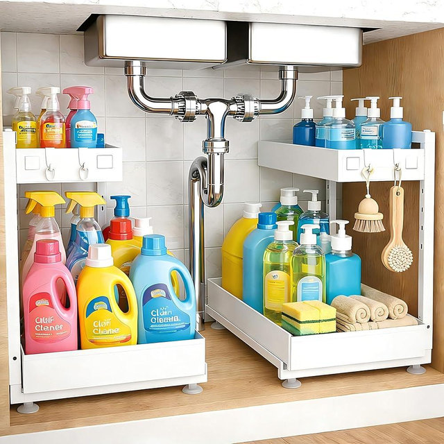 Exovyn Under Sink Organizer, Bathroom Counter Organizer, 2 Packs 2-Tier Metal, Under Cabinet Storage, Makeup Storage, Adjustable Height & Slide-Out Drawer for Kitchen Bathroom Dorm Shop Office, White