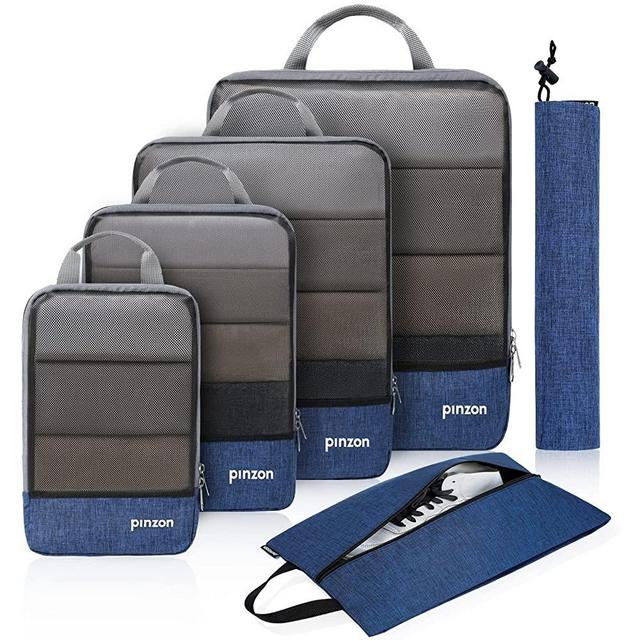 Amazon Brand - Pinzon Premium Packing Cubes, 6 Set Compression Packing Cubes with Laundry Bag & Shoe Bag Travel Expandable Packing Luggage Organizers Navy
