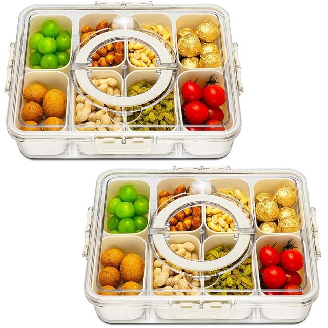 HRXFOZ Divided Serving Tray with Lid and Handle,8 Compartments Snacks Box,Snack Fruit Tray,Veggie Tray,Portable Snack Platter for Candy Fruits Nuts Snack Party Entertaining Picnic (2 PCS)