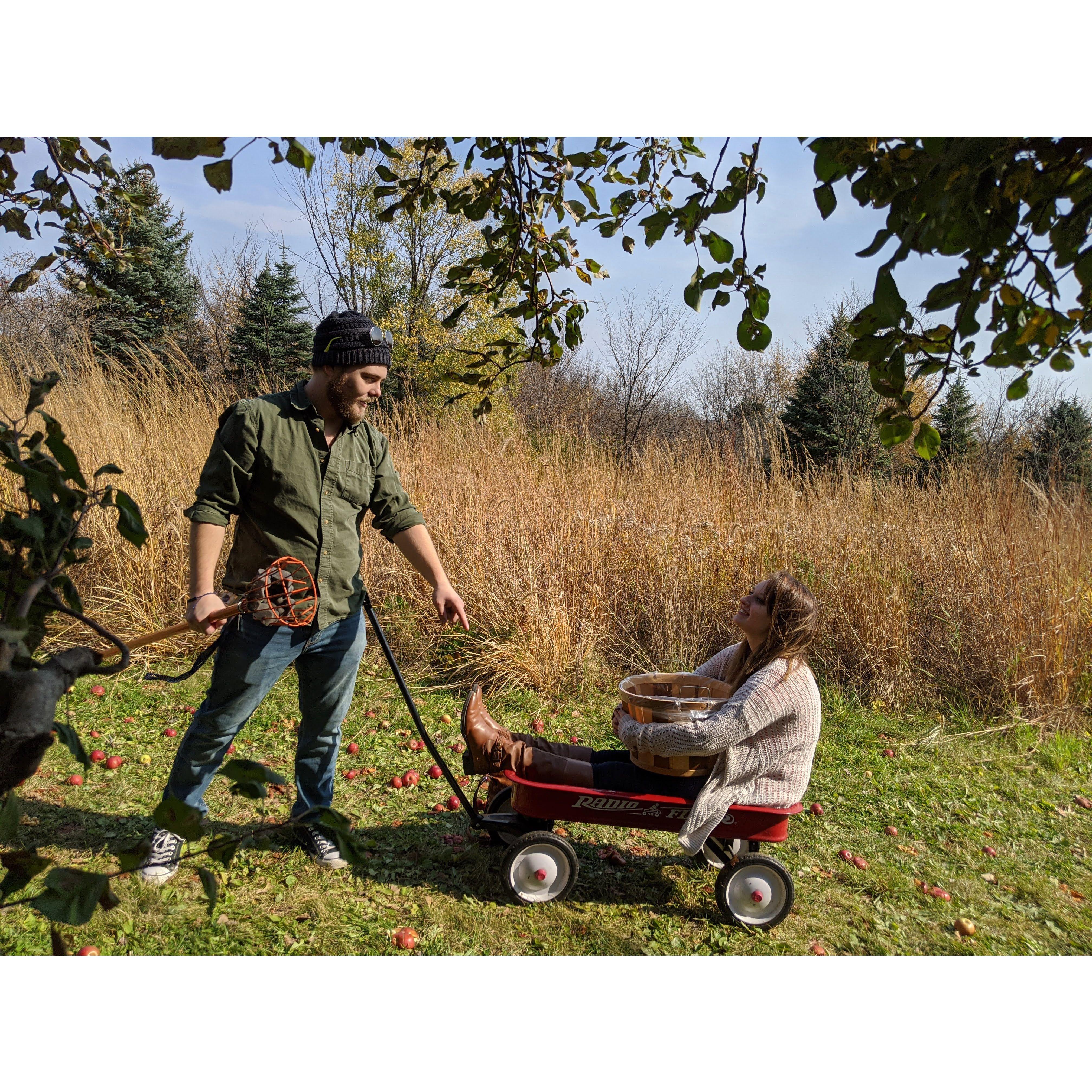 We went to an apple orchard and they gave us a wagon to carry our apples in. We proceeded to stage little photos of us in the wagon and be our goofy selves!