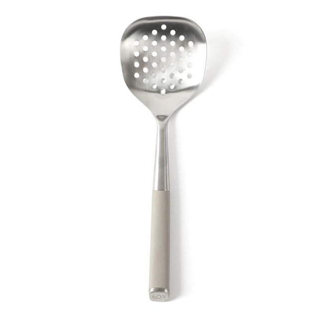 Calphalon Edge Stainless Steel Slotted Spoon/Skimmer, Kitchen Strainer Spoon, Skimmer with Silicone Heat Resistance Handle, Slotted Cooking Tool for Draining and Skimming (Taupe)