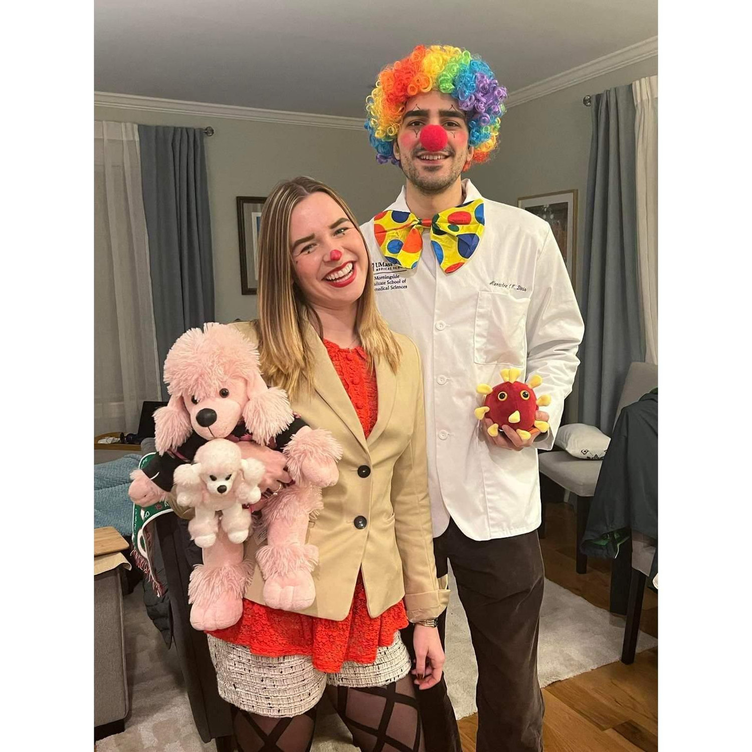 Katie the business-clown and Alex the clown doctor, getting ready to go clown around at Katie's friend, Elaine's house.