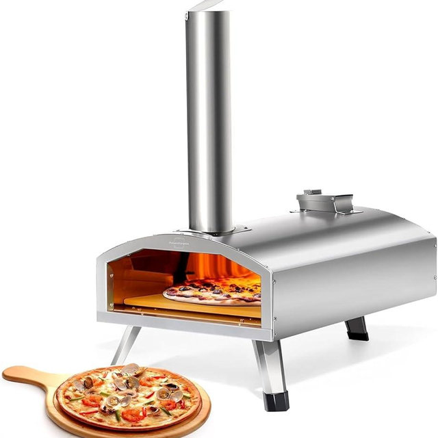 12-Inch Outdoor Pizza Oven, Portable Stainless Steel Pizza Maker, Wood Pellet-Fueled Oven for Patio, Camping, and BBQ