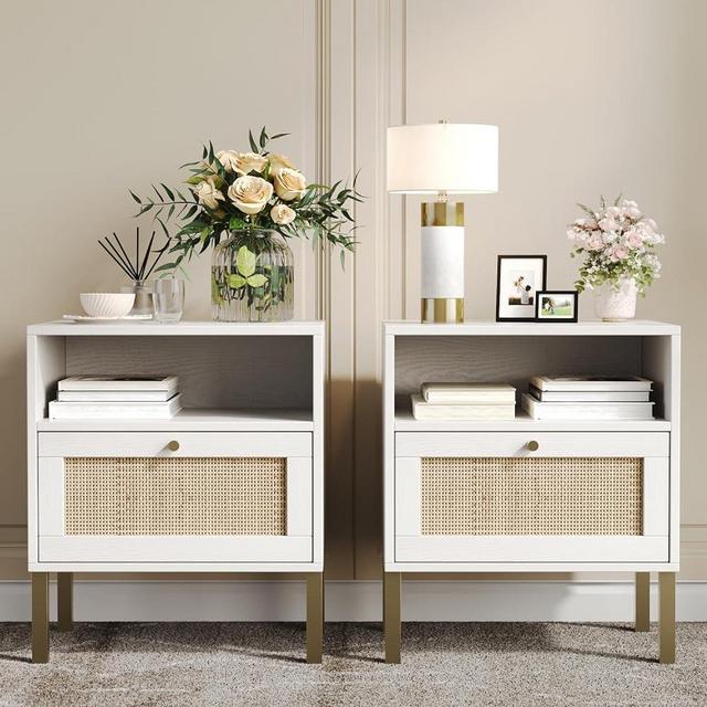 Natural Rattan Nightstands Set of 2, Accent End Table, Boho Bedside Table with 1 Hand Made Decorated Door for Living Room, Bedroom, White
