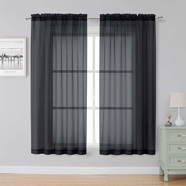 Simplebrand Black Sheer Curtains, 63" Length, 2 Panels Set - Light Filtering, Rod Pocket Window Curtains for Bedroom (Black, 59" W x 63" L)