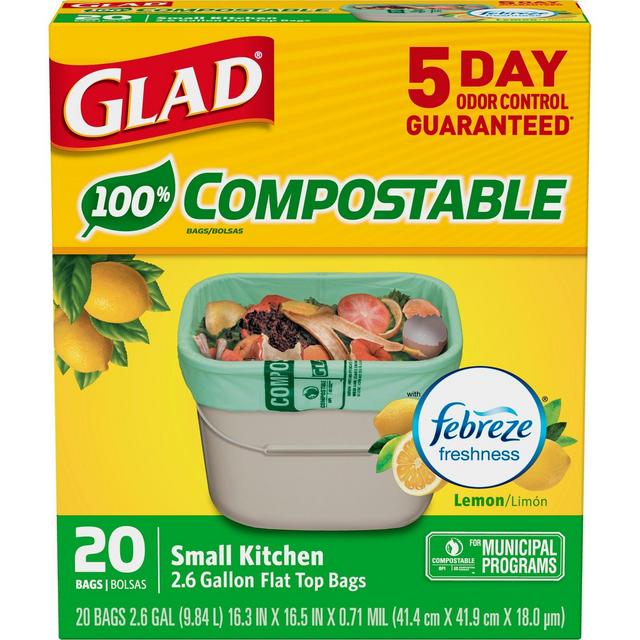 Glad Kitchen Compostable Green Trash Bags Febreze Fresh Lemon 2.6 Gallon - 20ct