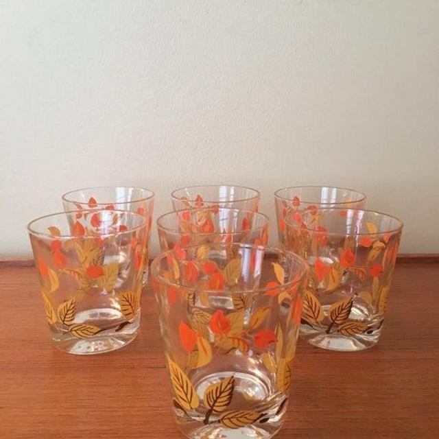 Vintage Salem Mandarin Juice Glasses, Autumn Leaves, set of 7, Mid Century Modern Barware, Autumn Themed Juice Glasses, Salem Tumblers