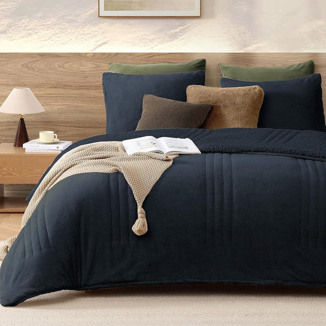 Monbix Fluffy King Size Comforter Set – 3 Piece Cozy Sherpa Comforter King Size Navy Blue, Winter Warm Fleece Bedding Set, Luxury Coco Plush Winter Fuzzy Bed Set, 1 Comforter with 2 Pillowcases