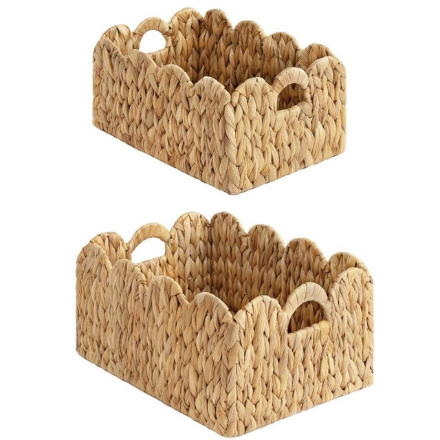 StorageWorks Scalloped Edge Wicker Basket, Hand-woven Rattan Baskets with Built-in Handles, Water Hyacinth Basket for Organizing and Decor, 2 Pack