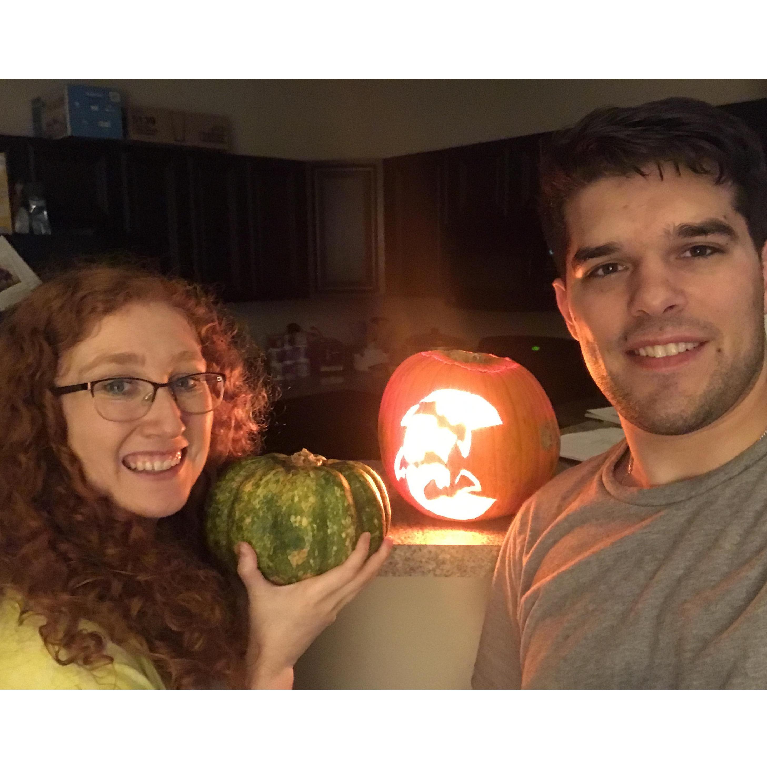 We went to a corn maze and pumpkin patch together and carved a pumpkin. October 2020.