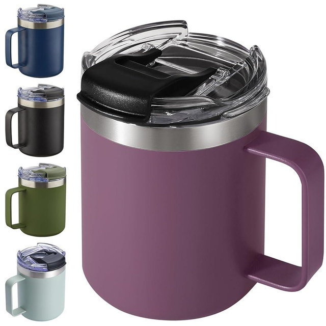 ALOUFEA 12oz Insulated Coffee Mug Cup with Handle, Stainless Steel Travel Coffee Mug with Flip Lid, Double Wall Vacuum Coffee Tumbler,Plum