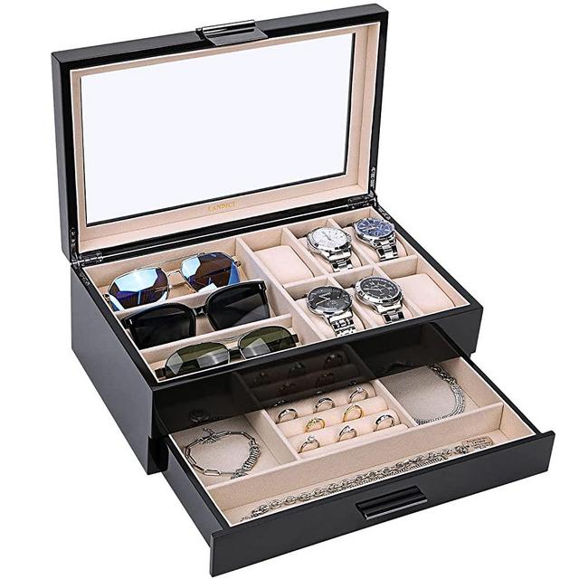 LANDICI Watch Box Organizer for Men Women, Luxury Wooden Jewelry Box with Glass Top Display, 2 Layer Large 3 Slot Sunglasses Storage Case Jewellery Holder for Necklace Earrings Rings Bracelets, Black