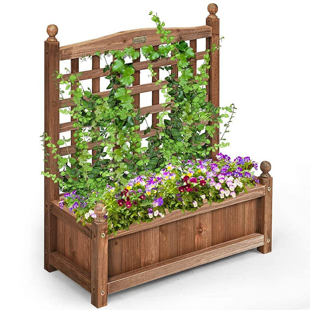 Giantex Wood Planter Free Standing Plant Raised Bed with Trellis for Garden or Yard (25’’LX11’’WX 30’’H)