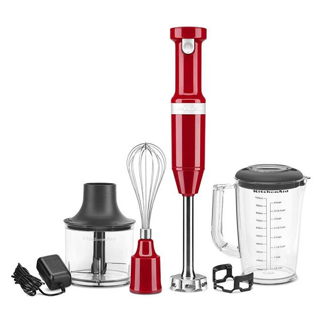 KitchenAid KHBBV83ER Cordless Variable Speed Hand Blender with Chopper and Whisk Attachment, Empire Red