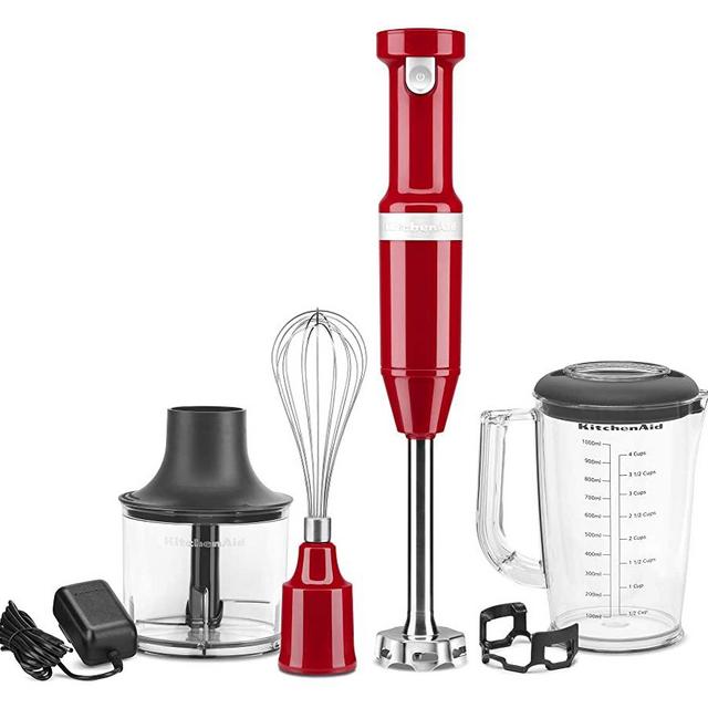 KitchenAid KHBBV83ER Cordless Variable Speed Hand Blender with Chopper and Whisk Attachment, Empire Red