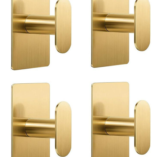 pickpiff Adhesive Towel Hooks for Bathroom: 20LB Extra Strong Wall Hanger for Shower Kitchen RV Dorm Apartment, Gold 4 Pack