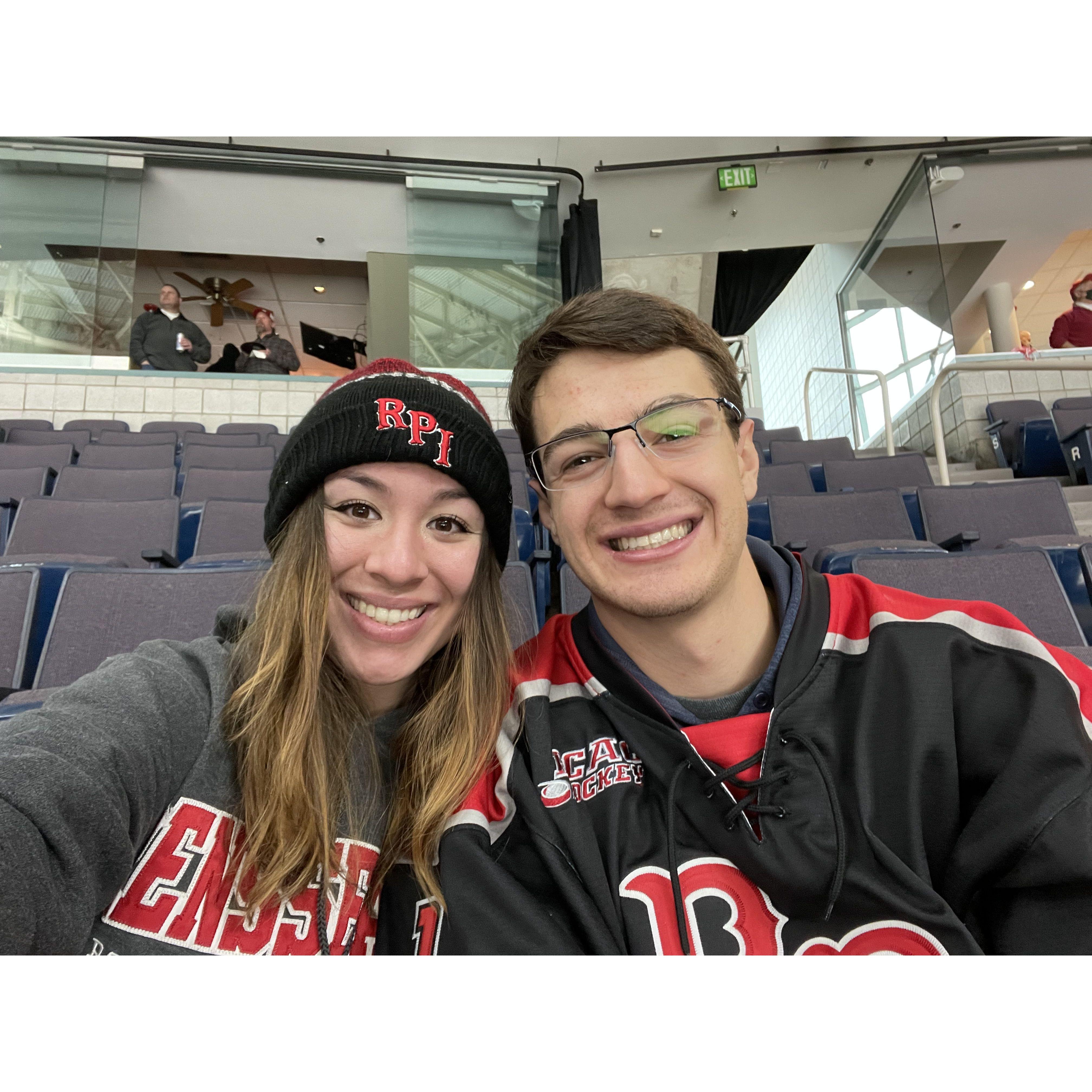 RPI hockey annual Mayor's Cup (they play our local rival, Union College, to see who is the best team in the Capital Region) Also, notice this year Sean can't see and needs glasses.