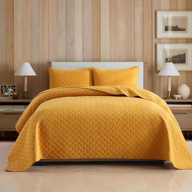 Wistown Cotton King Quilt Bedding Sets, 3 Pieces Reversible Lightweight Coverlets Comforters Bedspreads for All Seasons,Weave Stitching Pattern, Yellow