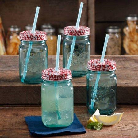 The Pioneer Woman Simple Homemade Goodness Mason Jar with Lid, 16 oz, 4 pk, Turquoise