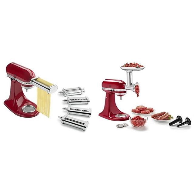 KitchenAid KSMPDX Pasta Deluxe Set Stand Mixer Attachment, 5 Piece, Stainless Steel & KSMMGA Metal Food Grinder Attachment, Silver
