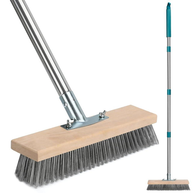 Stainless Steel Deck Scrub Brush with Long Handle, Outdoor Broom for Concrete, Deck, Cement Floor Cleaning, 53" Long Handled Heavy Duty Floor Scrubber