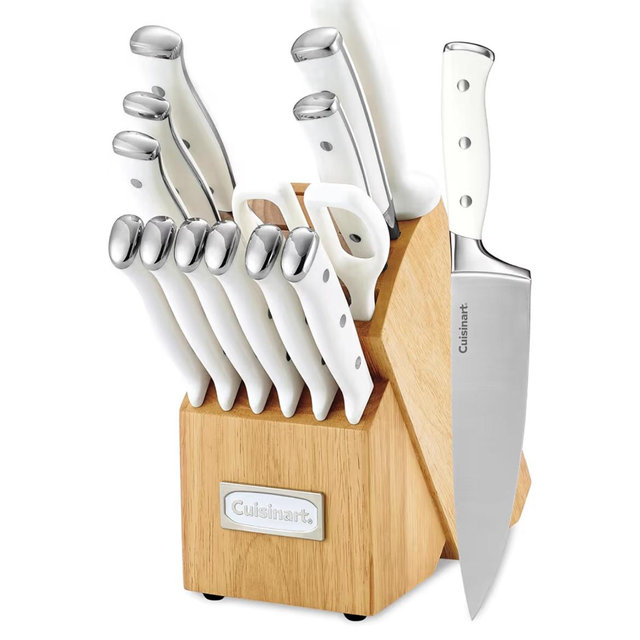 Cuisinart 15-Piece Knife Set with Block, High Carbon Stainless Steel, Forged Triple Rivet, White, C77WTR-15P