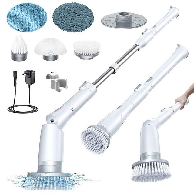 LABIGO Electric Spin Scrubber LA3 Pro, Cordless Bathroom Scrubber with 5 Replacement Head, 3 Adjustable Angle, Household Power Cleaning Brush with Extension Arm for Bathtub Window Car Grout Tile Floor