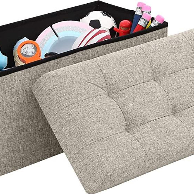 Ornavo Home Foldable Tufted Linen Large Storage Ottoman Bench Foot Rest Stool/Seat - 15" x 30" x 15" (Beige)