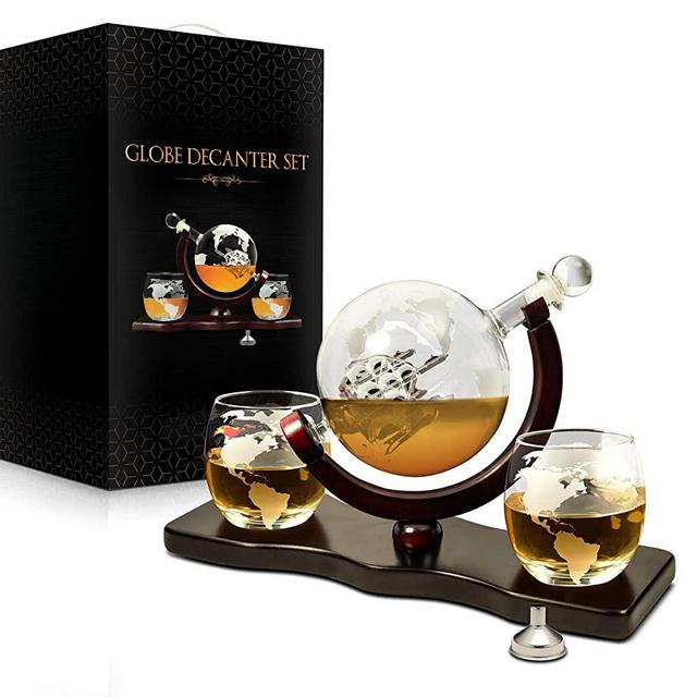 Whiskey Decanter Set World Etched Globe Decanter Antique Ship Glasses Tongs Bar Funnel Stopper Liquor Dispenser Spirits Scotch Bourbon Vodka Rum Wine Tequila Brandy Perfect Gift 850 ml