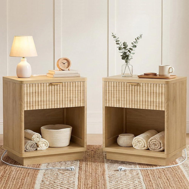 Nasonet Fluted Nightstands Set of 2 with Charging Station, Wooden Bed Side Tables Bedroom Set of 2, Drawers and Open Shelves - Modern End Table for Bedroom, Natural Oak