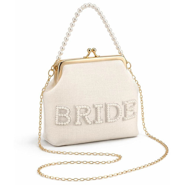 Klyyo Clyro Bride Gifts Bride Purse Beaded Pearl Clutch Purse Bachelorette Party Bridal Shower for Wedding Day Engagement Honeymoon Gifts with Detachable Chain Strap