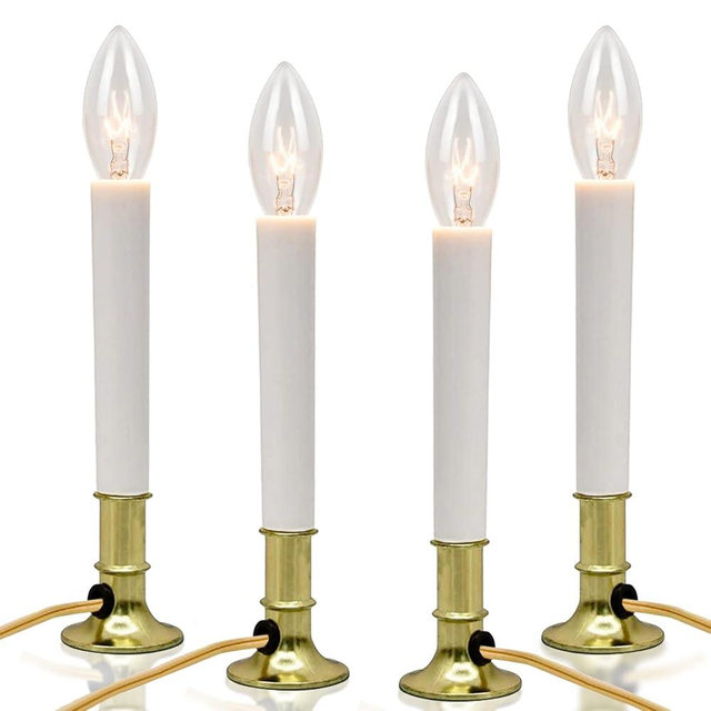 Bokoiuu Christmas Electric Window Candle Lights with Gold Plated Base, 7W C26 Clear Bulb, On/Off Switch Plug-in Window Candle Lights for Christmas, Window, Wedding, Home Decoration, 4 Pack