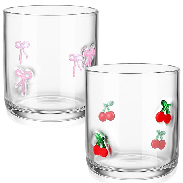 Skylety Set of 2 Pink Cherry Bow Icon Juice Glass 14oz Coquette Bow Glass Cup Pink Cherry Coffee Mug Gifts for Women Girls Mothers Day Birthday Bridal Shower Gifts