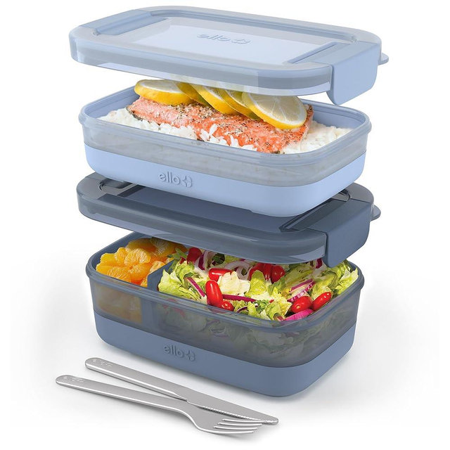Ello 2-Pack Lunch Stack Plastic Food Storage Container Bento Box with Airtight, Leak-Proof Locking Plastic Lids and Silicone Base, BPA-Free, Freezer, Microwave, and Dishwasher Safe