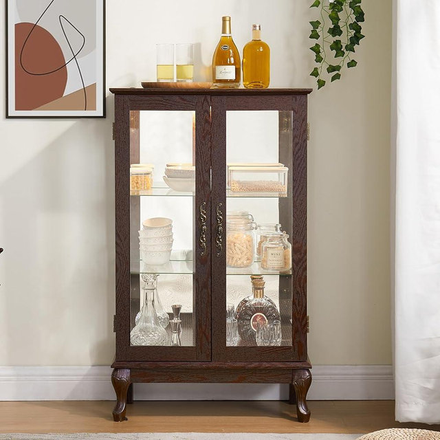 44" Lighted Curio Cabinet with Glass Doors 3 - Tier Shelves Mirrored Back, Display Cabinet for Living Room, Cherry