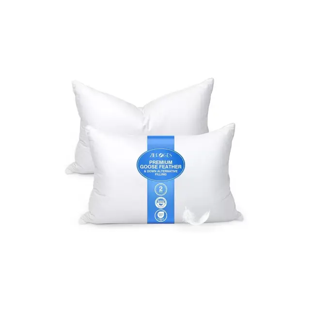 Zibroges Feather Bed Pillow Queen Size - Hotel Down Pillows for Sleeping, Soft 600 Thread Count Cotton Cover, Fluffy Support Surround Fill Polyester