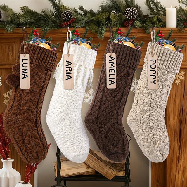 Teeanzo 4 Pack 18 Inches Christmas Knitted Hanging Stockings, Xmas Large Farmhouse Rustic Neutral Cable Knit Personal Stockings Decorations for Christmas Tree Fireplace Family Holiday Party Decor