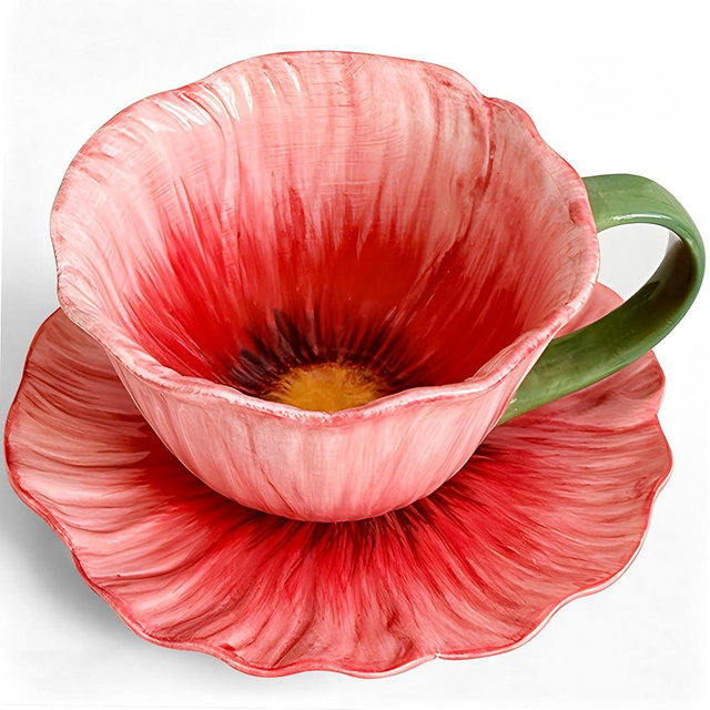 JUSONEY 11.8 oz Tea Cups and Saucers, Ceramic Flower-shaped Cappuccino Cup, Latte Cup and Saucer set, elegant floral Espresso Cup set, cups are microwave and dishwasher safe-Red