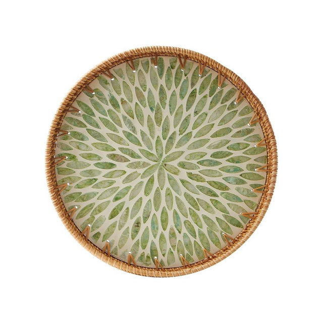Round Rattan Tray with Mother of Pearl Inlay, Rattan Serving Tray with Wooden Base, Decorative Wicker Basket for Table Decor, Storage and Display of Coffee Bread Food Fruit (Leaf 14")