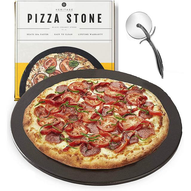 Heritage Pizza Stone, 15 inch Ceramic Baking Stones for Oven Use - Non-Stick, No Stain Pan Cutter Set for Gas, BBQ Grill - Kitchen Accessories Housewarming Gifts w/ Bonus Pizza Wheel - Black