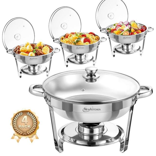 NEWKITCHEN Chafing Dishes for Buffet 4 Pack, 5 QT Round Chafing Dishes for Buffet [Transparent Glass Cover] Stainless Steel Chafing Dish Buffet Set for Any Party