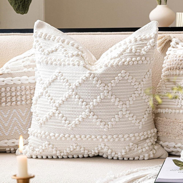 BlissBlush Off White Decorative Throw Pillow Cover 22X22, Boho Accent Pillow for Couch, Square Modern Farmhouse Pillowcase for Living Room Couch Sofa Cushion Home Décor (Pack of 1)