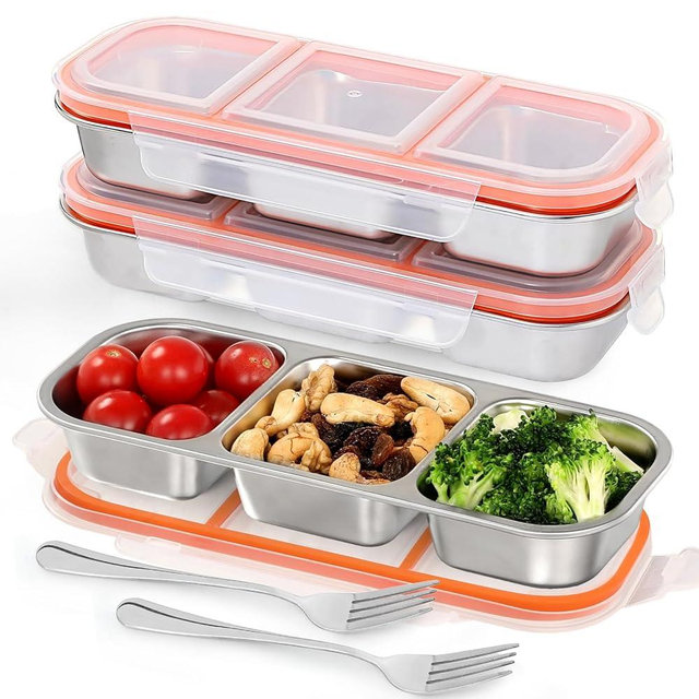 RBZPFMO 3 Pack Leakproof Stainless Steel Snack Containers with Lids, Reusable 3 Compartment Lunch Container, Stackable Snack Bento Box for Work, Travel & Picnic