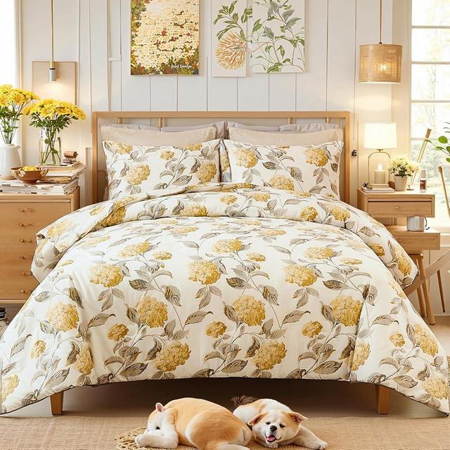 Cozaline King Size Floral Comforter Set 100% Cotton Yellow Floral with Grey Leaf Printed Comforter Soft and Lightweight 3Pcs Reversible Down Alternative Bedding Set