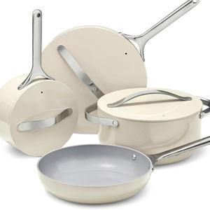 Caraway Non-stick Ceramic Cookware Set (12 Piece) Pots, Pans, Lids and Kitchen Storage - PFAS & PFOA Free - Oven Safe Pan Set & Compatible with All Stovetops - Cream