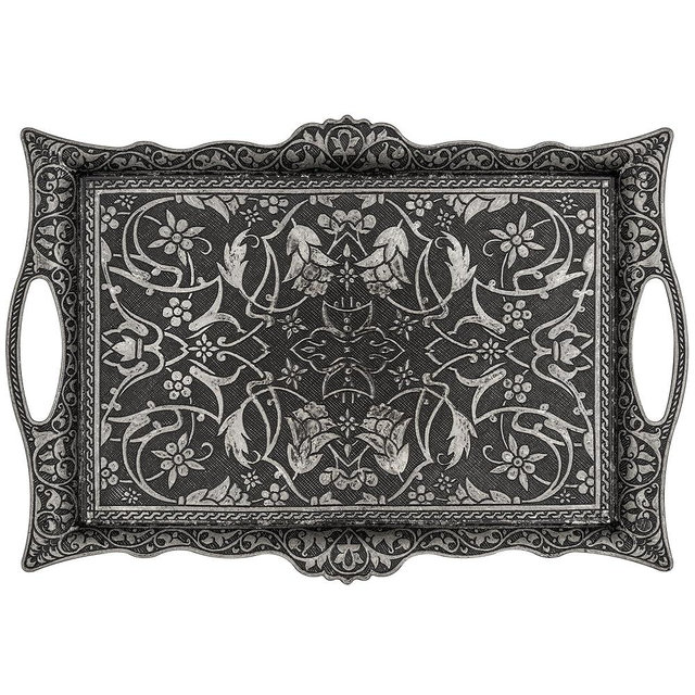 Alisveristime Ottoman Turkish Zamak Serving Tray with Traditional Motifs, Ideal for Coffee and Tea - Six Person Tray (14.5 x 9.85 in) (Black)