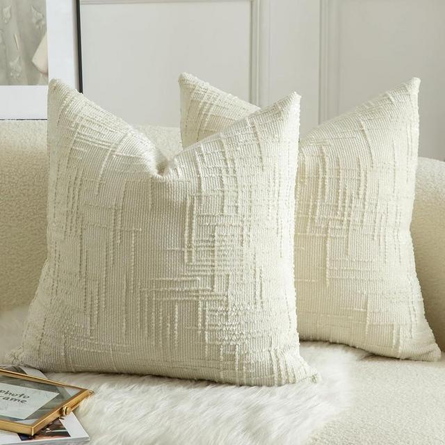 MANDIOO Pack of 2 Soft Chenille Textured Throw Pillow Covers Square Accent Solid Decorative Cushion Cover Cozy Farmhouse Pillow Case for Couch Sofa Bed Living Room 16x16 Inch Cream White