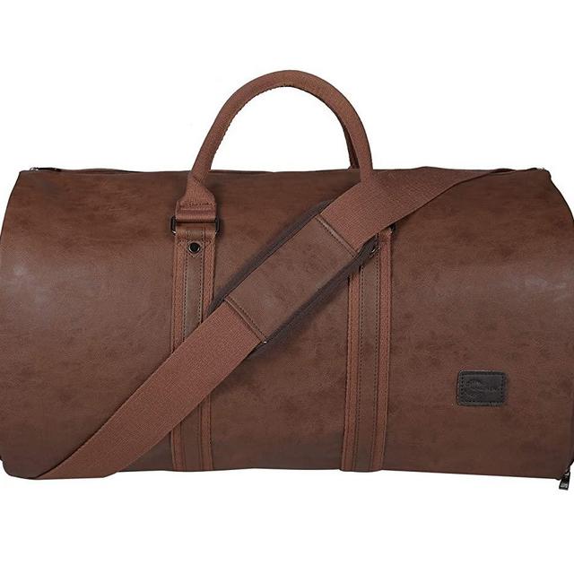 Carry On Garment Bag, Waterproof Mens Garment Bag for Travel Business, Large Leather Duffel Bag with Shoe Compartment -Brown