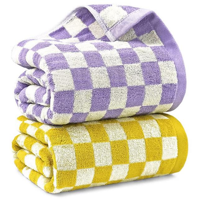 Jacquotha Checkered Bath Towel Set in Yellow and Lilac, Soft Decorative Towels for Bathroom Spa Beach, Large Shower Towels 2 Pack 55” x 27.5”